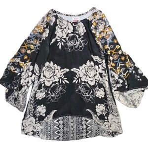 BIYA Johnny Was‎ Silk Embroidered  Blouse Tunic Dress Black Floral Boho Size S
